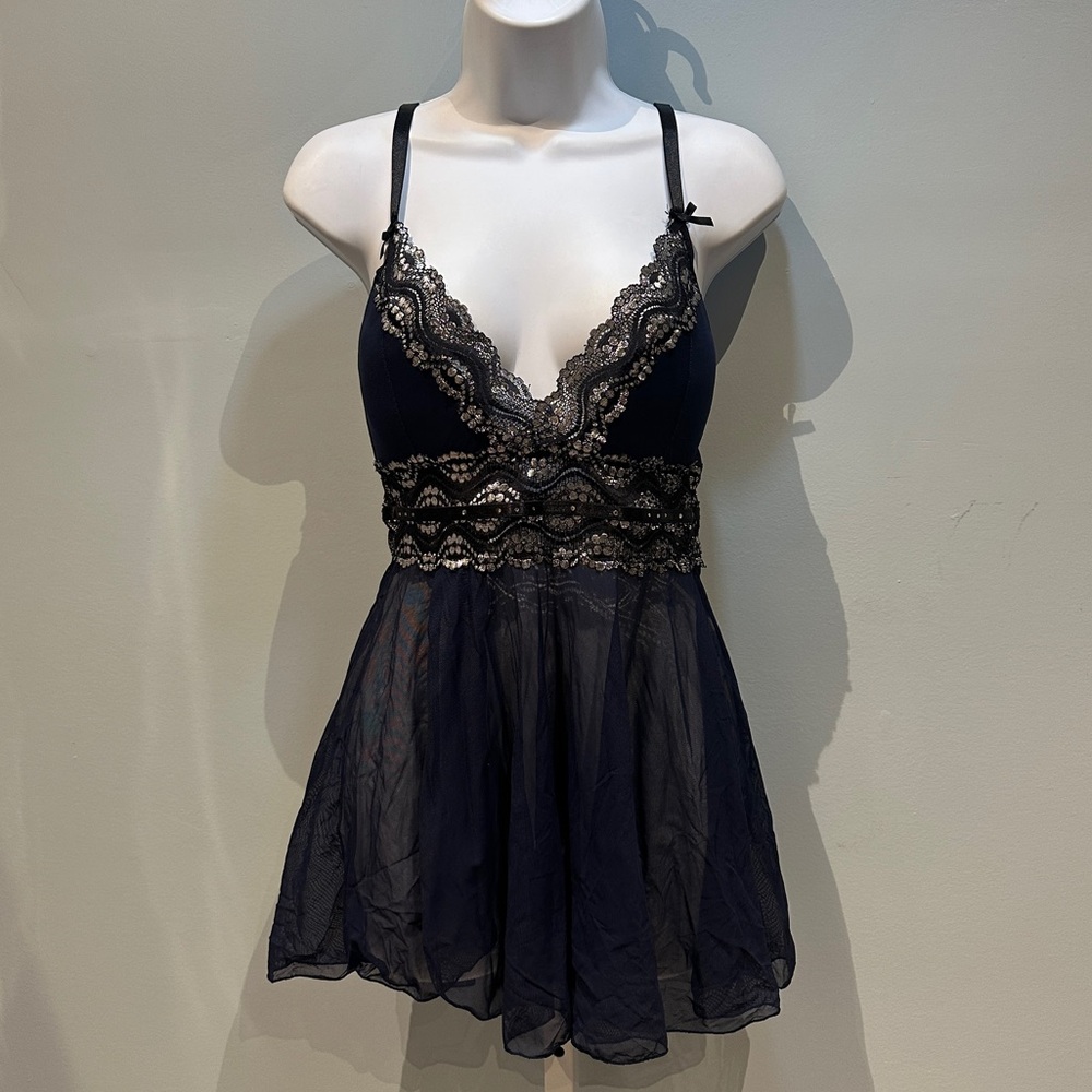 Yandy Blue Black Silver Babydoll Dress Slip Medium NWOT